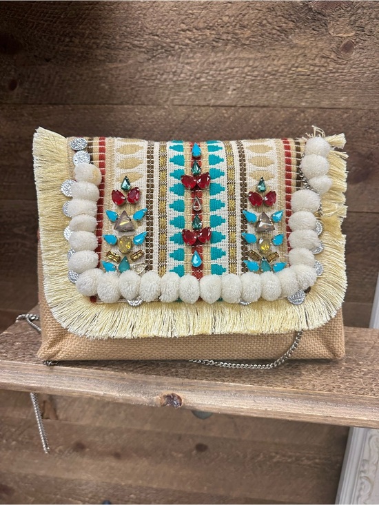 Area Stars Handbags - AREA Stars Embellished Boho Fringe Crossbody Clutch Bag Pom Pom Beaded